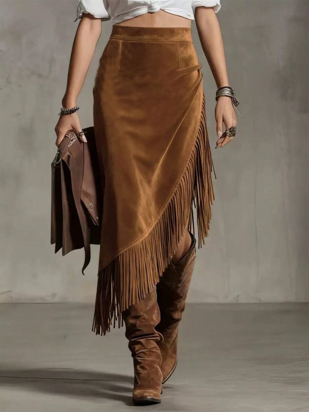 Brown Casual Women's High Waist Midi Skort